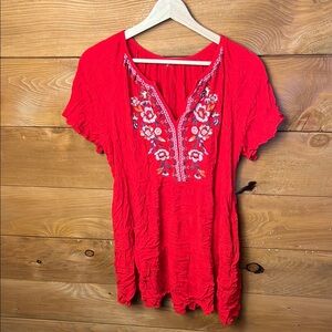 Red Embroidered Women Dress Md Mini Floral Vneck 100% Rayon Lightweight SHRT SLV